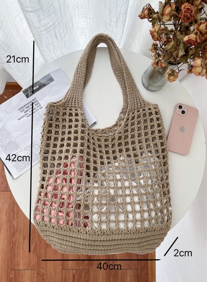 ENBEI Women's Foldable Beach Tote, Washable Lightweight Beach Bag, Large Handmade Eco-Friendly Knit Shoulder Purse for Travel/Shopping/Gifts, Durable Handwoven Reusable Grocery Bag - Image 2